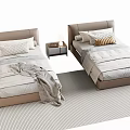 Two Cozy Single Beds With Bedside Tables Table Lamp Pillows Duvets And Striped Rug
