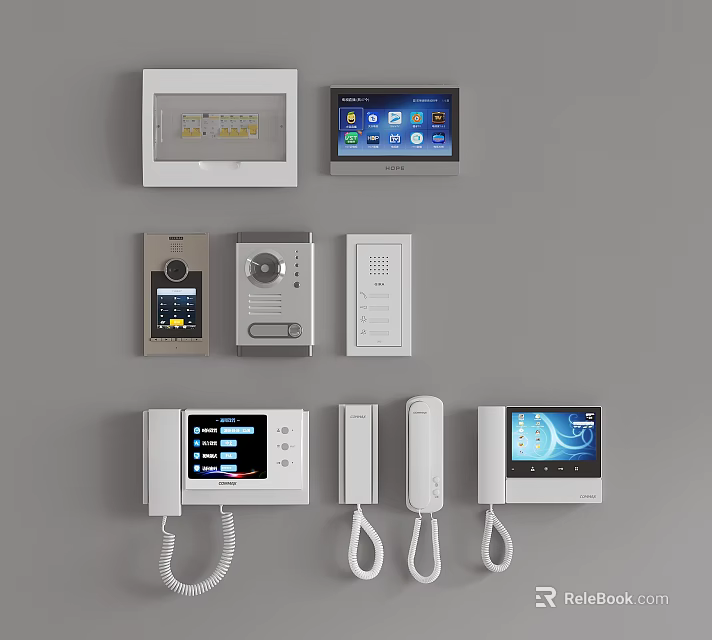 Smart Home Security Devices With Control Panels Intercoms And Doorbell Systems 3d model 