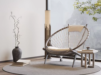 Modern Woven Round Leisure Chair With White Cushion Side Table Floor Lamp And Green Plants 3d model