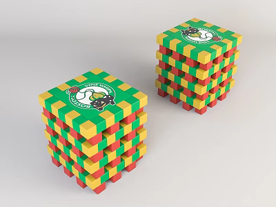 Colorful Coffee Table With Stacked Red Yellow Green Blocks And Circular Logo Design 3d model