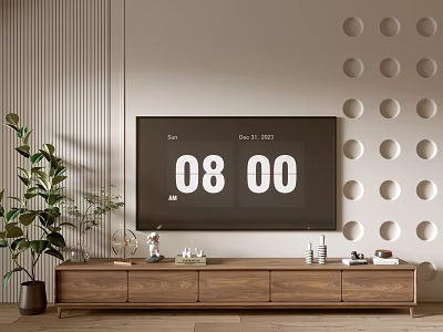 Walnut Wooden TV Stand With Decorative Ornaments Textured Wall Circular Patterns And Green Plant 3d model