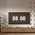 Walnut Wooden TV Stand With Decorative Ornaments Textured Wall Circular Patterns And Green Plant