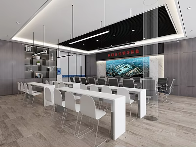 Modern Conference Room Interior Design With Long White Tables White Chairs And Digital Screen 3d model
