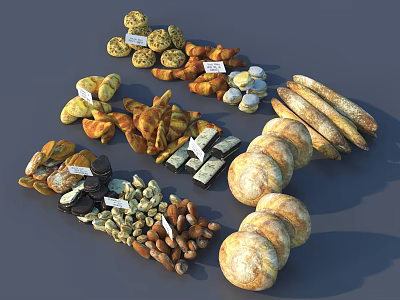 Stone Wood Display Featuring Assorted Breads Cookies Nuts And Small Labels 3d model