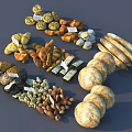 Stone Wood Display Featuring Assorted Breads Cookies Nuts And Small Labels 3d model