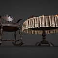 Vintage Rocking Chair With Round Table Lace Tablecloth Clay Jug Oil Lamp And Fruit Plate
