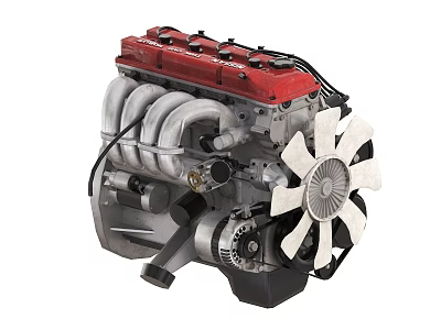 Detailed Mechanical Engine With Red Valve Cover White Fan Silver Tubing And Metal Components 3d model