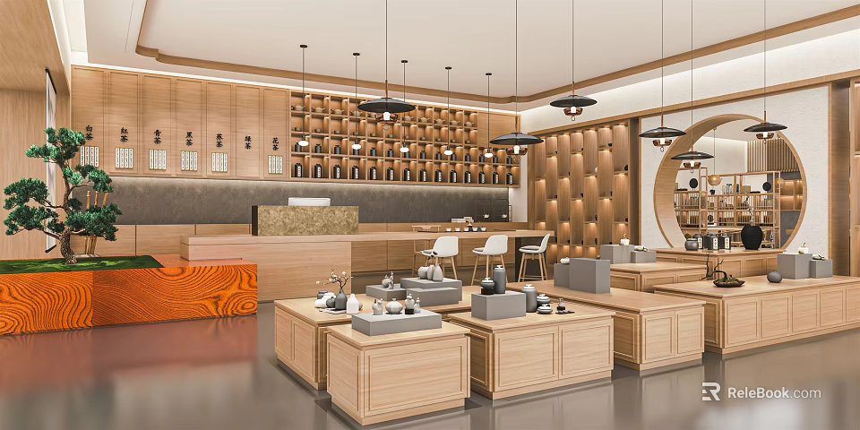 Modern Specialty Store Interior With Wooden Shelves Display Tables Pendant Lights And Spacious Design 3d model 