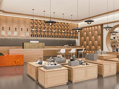 Modern Specialty Store Interior With Wooden Shelves Display Tables Pendant Lights And Spacious Design 3d model