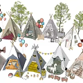 Colorful Kids Outdoor Play Canopy With Tepees Balloons Green Trees And Toys