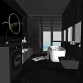 Modern Luxury Bathroom Interior With Round Mirror Ring Light Black Blinds And Freestanding White Bathtub