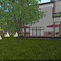 Detached Villa With White Exterior Stone Chimney Large Windows Lush Lawn And Outdoor Deck