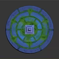 Blue Stone Lantern With Circular Stone Base And Green Grass Spiral Pattern Illuminating Blue Light