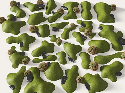 Green Irregular Shaped Decorative Objects With Small Brown Spheres And Black Blocks 3d model