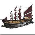Vintage Wooden Ship With Red Sails Multiple Masts And Decorative Details
