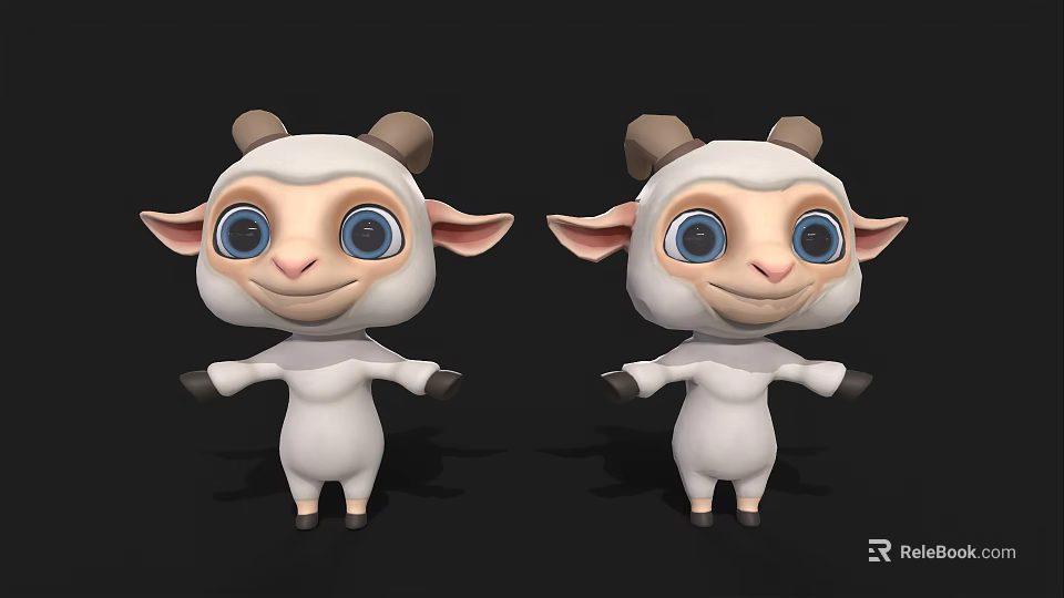 Cute Cartoon Lamb 3D Model With White Body Brown Horns And Blue Eyes Open Arms 3d model 