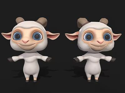 Cute Cartoon Lamb 3D Model With White Body Brown Horns And Blue Eyes Open Arms 3d model