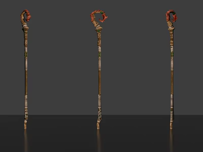 Three Decorative Staffs Featuring Carved Red Top And Brown Wooden Shaft With Ornamental Details 3d model
