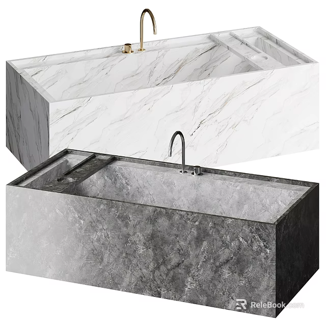 Modern Marble Bathtub With White And Gray Stone Texture And Polished Faucet 3d model 