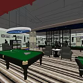 Modern Billiard Room Interior With Green Tables Striped Carpet And Ceiling Lights