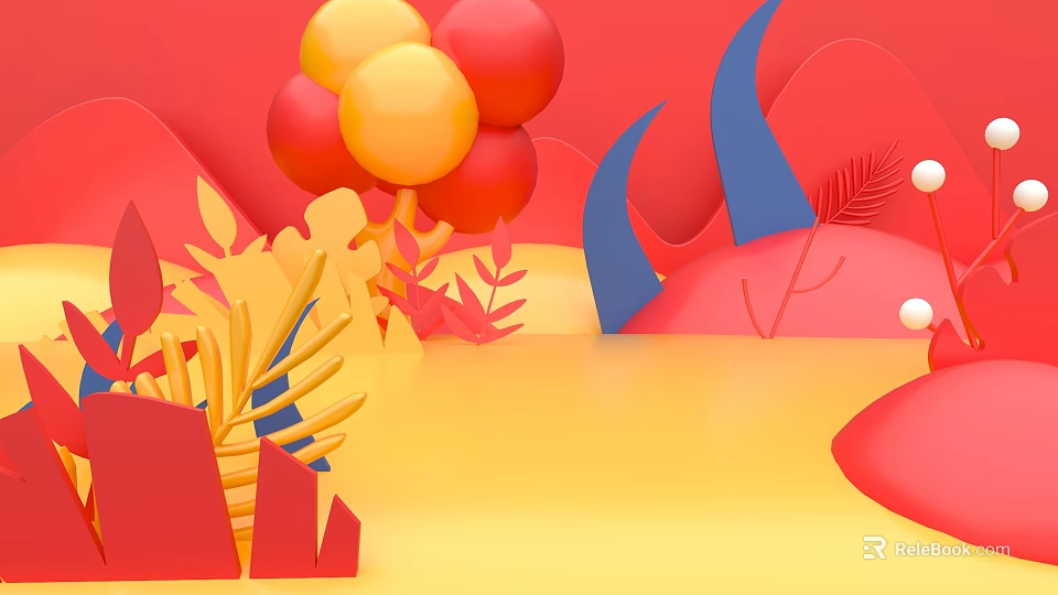 Vibrant 3D Scene With Red Yellow Balloons Geometric Plants And Colorful Background 3d model 
