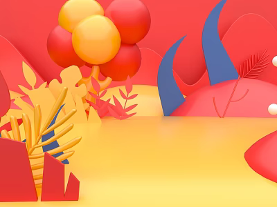 Vibrant 3D Scene With Red Yellow Balloons Geometric Plants And Colorful Background 3d model