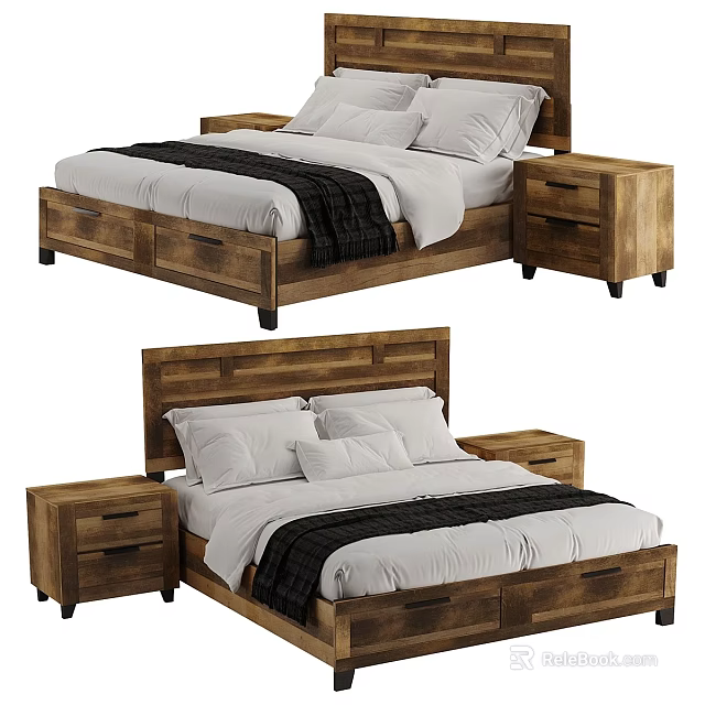 Rustic Wooden Bed Frame With Drawer Nightstands White Bedding And Black Blanket 3d model 