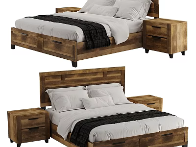 Rustic Wooden Bed Frame With Drawer Nightstands White Bedding And Black Blanket 3d model