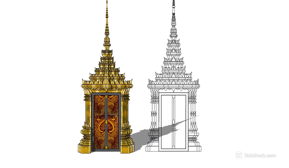 Ancient Oriental Architecture With Ornate Spire Intricate Carved Door And Golden Decorative Details 3d model 