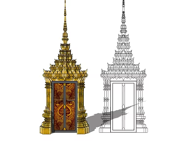 Ancient Oriental Architecture With Ornate Spire Intricate Carved Door And Golden Decorative Details 3d model