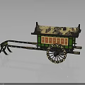 Traditional Chinese Carriage With Decorative Roof Green Orange Body And Patterned Wheels