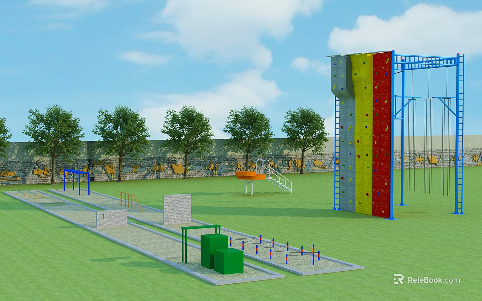 Outdoor Sports Equipment With Climbing Wall Ropes Balance Beams Green Cube Obstacles On Grass Field 3d model 