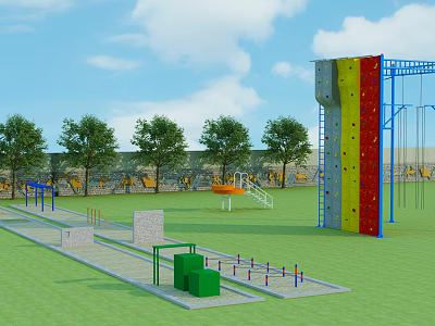 Outdoor Sports Equipment With Climbing Wall Ropes Balance Beams Green Cube Obstacles On Grass Field 3d model
