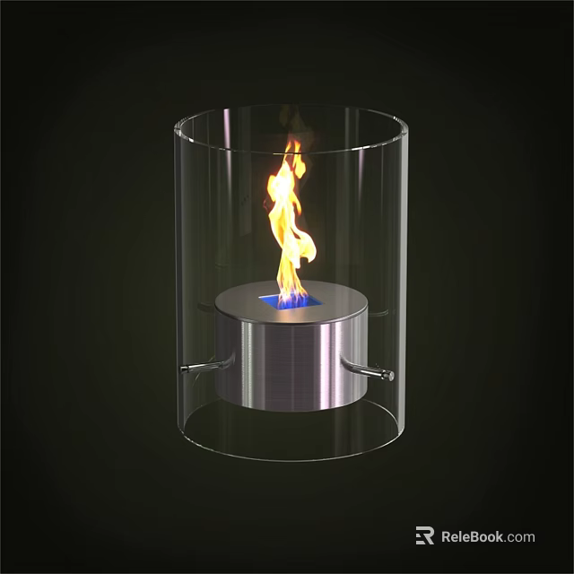 Modern Transparent Glass Fireplace With Silver Metal Base And Flaming Fire 3d model 