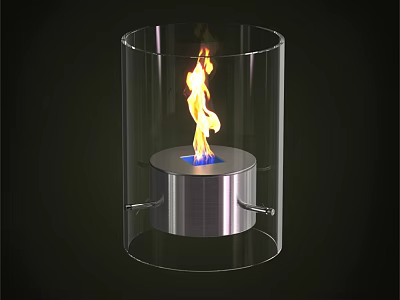 Modern Transparent Glass Fireplace With Silver Metal Base And Flaming Fire 3d model