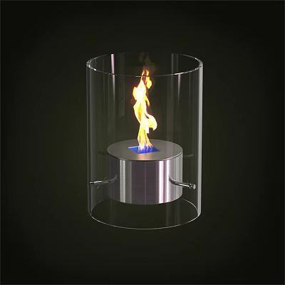 Modern Transparent Glass Fireplace With Silver Metal Base And Flaming Fire 3d model