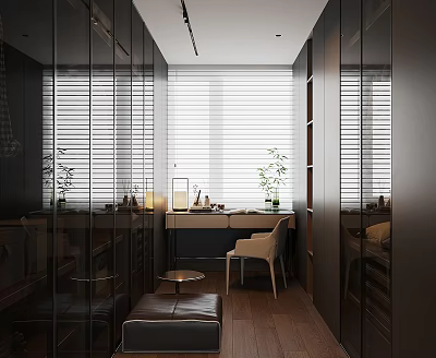 Modern Walk in Closet With Dark Cabinets Glass Doors Blinds Desk Chair 3d model