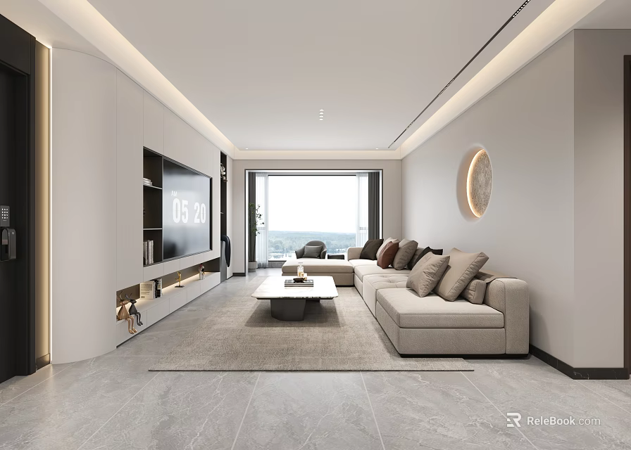 Modern Living Dining Room Featuring TV Wall Sofa Coffee Table And Floor To Ceiling Window 3d model 