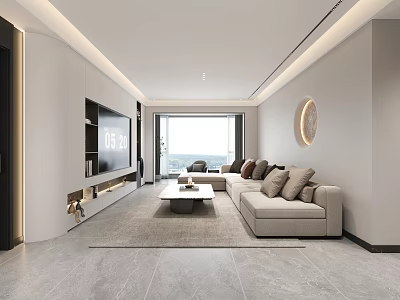 Modern Living Dining Room Featuring TV Wall Sofa Coffee Table And Floor To Ceiling Window 3d model