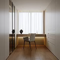 Modern Bedroom Interior With Bed Headboard Black Bedding Hanging Lamp Window Curtains And Wooden Floor