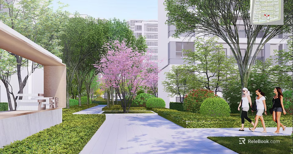 Serene Garden Landscape With Curved Path Lush Trees Pink Flowering Shrubs and Modern Buildings 3d model 