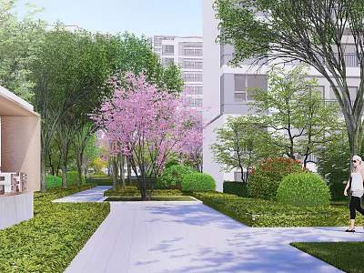 Serene Garden Landscape With Curved Path Lush Trees Pink Flowering Shrubs and Modern Buildings 3d model