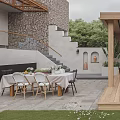 Garden Landscape with Wooden Pergola Outdoor Furniture Wooden Deck Stone Steps and Green Plants