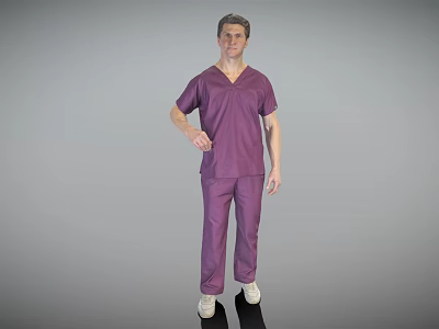 A Man In Purple Scrubs Standing Full Body Against Gray Background 3d model