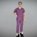 A Man In Purple Scrubs Standing Full Body Against Gray Background