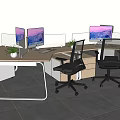 Modern Office Desk With Dual Monitors Black Office Chairs Dividers Small Potted Plants And Drawers