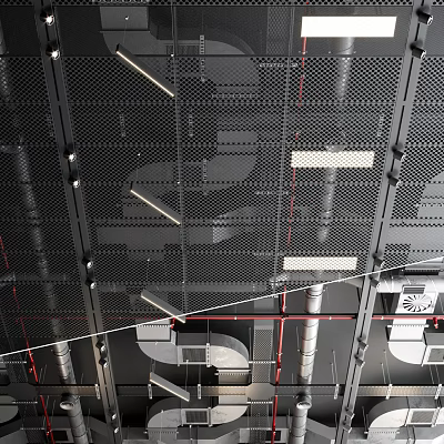 Industrial Metal Grid Ceiling With Exposed Pipes And Integrated Lighting Fixtures Design 3d model