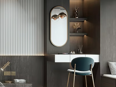 Modern Luxury Dressing Table With Oval Gold Mirror And Open Storage Shelves For Bedroom 3d model
