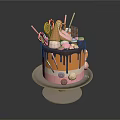 Colorful Decorated Cake With Chocolate Drizzle Lollipops And Candy On Glass Stand
