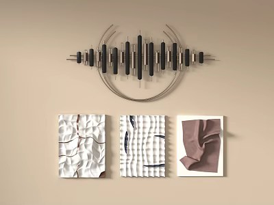 Black Metal Wall Hanging with Cylindrical Design and Silver Rings Above Textured White Brown Artworks 3d model